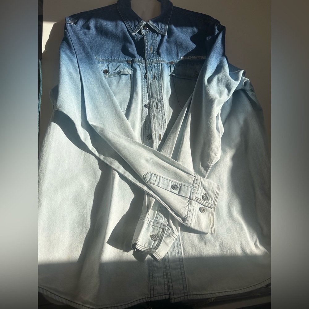 Vintage Harley Davidson Button Up Shirt Denim Ombré Western Motorcycle 90s Large